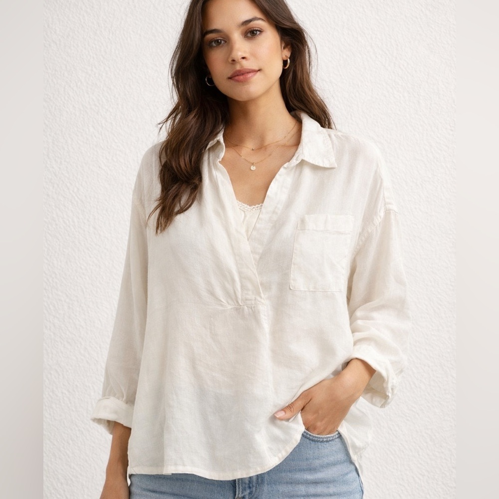Sundance 100% Linen Ivory Split V-Neck Relaxed Tunic XLP